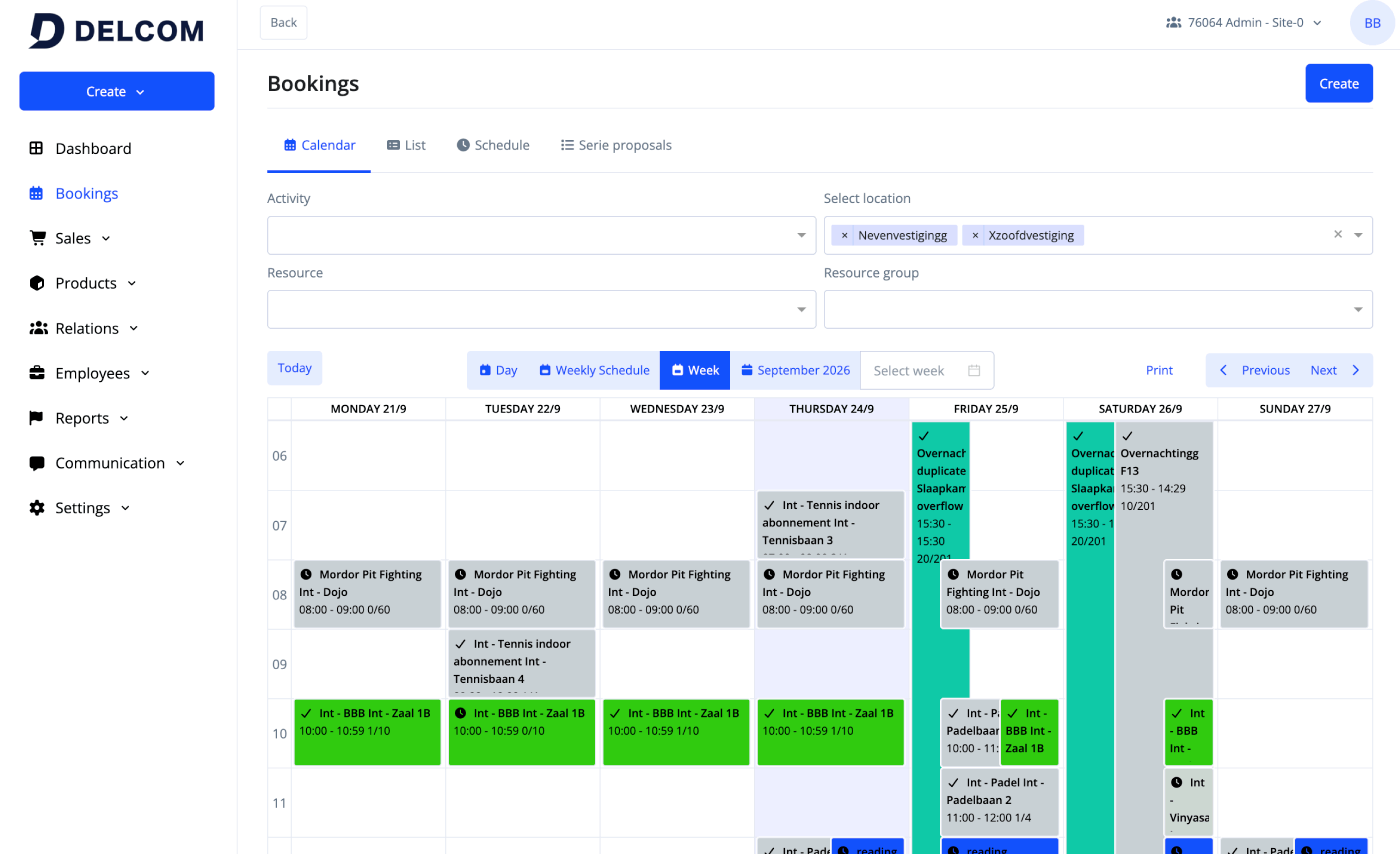 Admin dashboard, bookings in the calendar